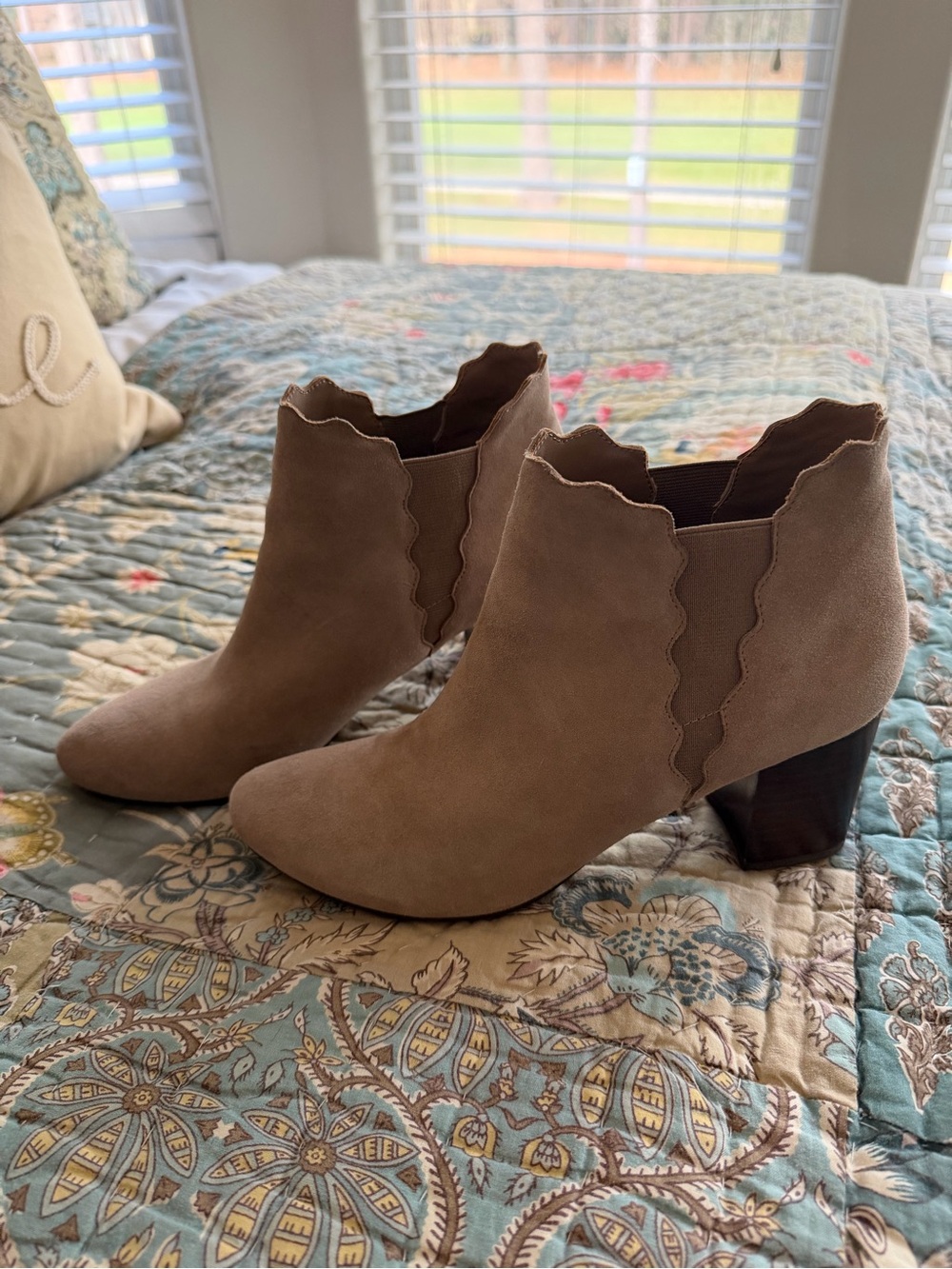 Vaneli Taupe Suede Scalloped Ankle Boots